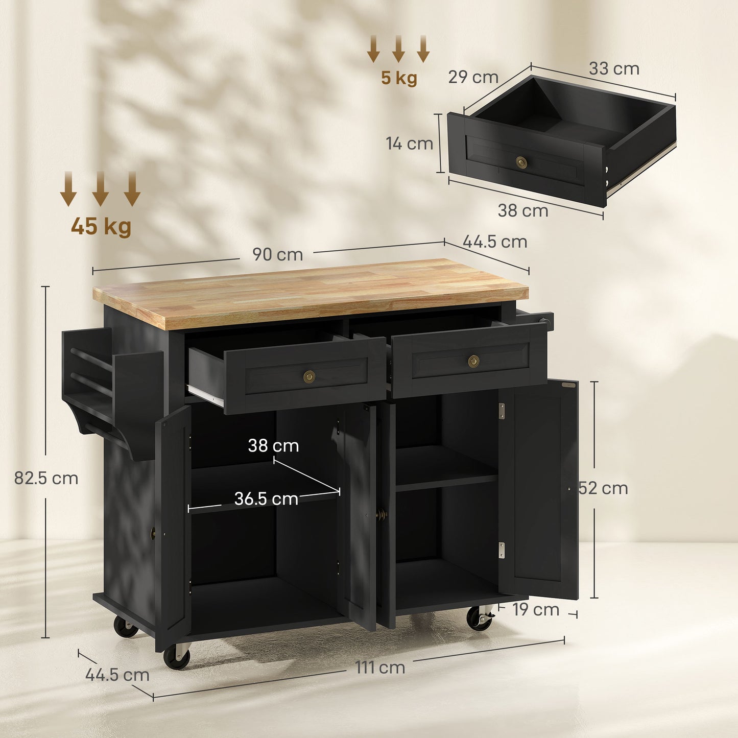 AI62 Decor Rolling Kitchen Island Cart with Rubberwood Top & Drawers, Black