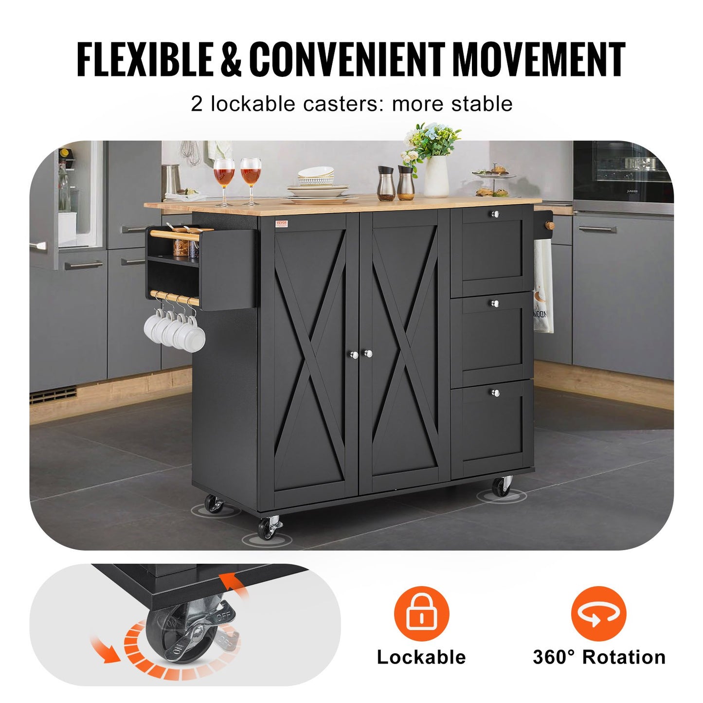 AI62 Decor 56″ Kitchen Island Cart with Storage Cabinet & Wood Top, Black