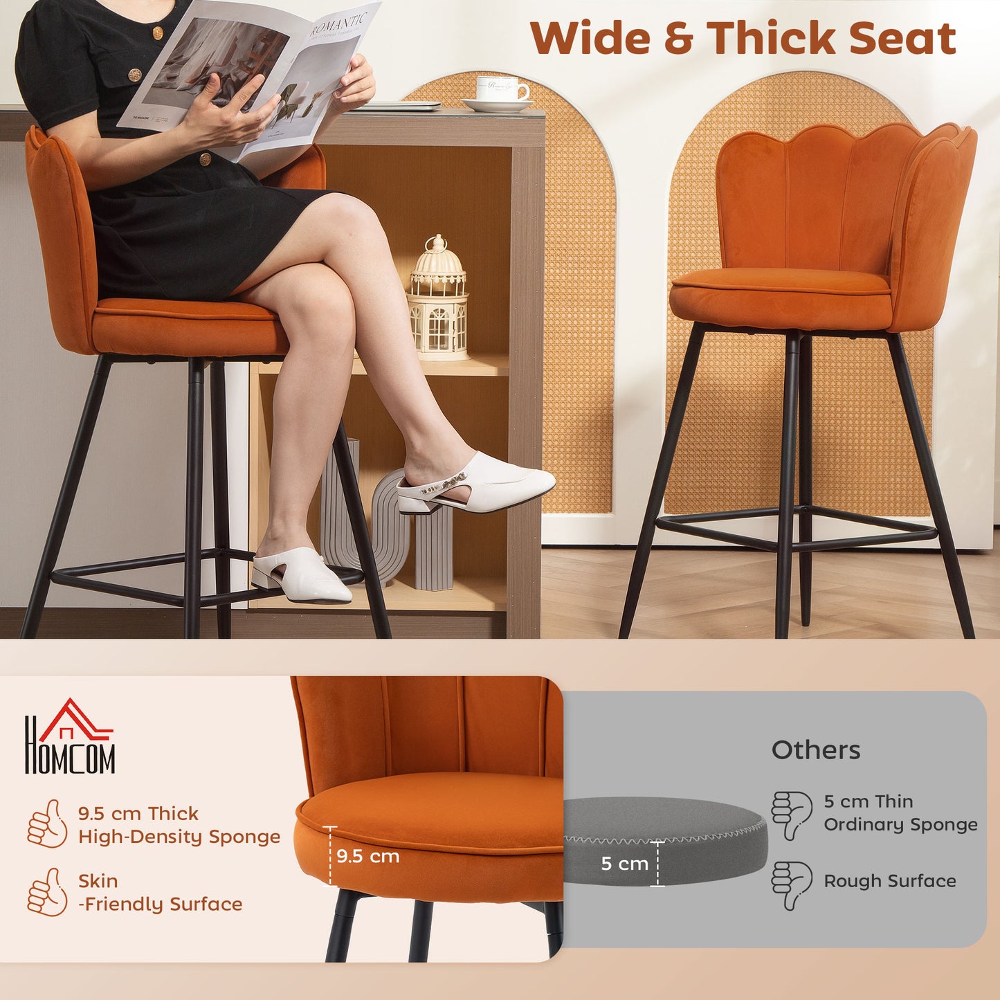 AI62 Decor Set Of Two Velvet-Feel Lotus Bar Stools - Orange