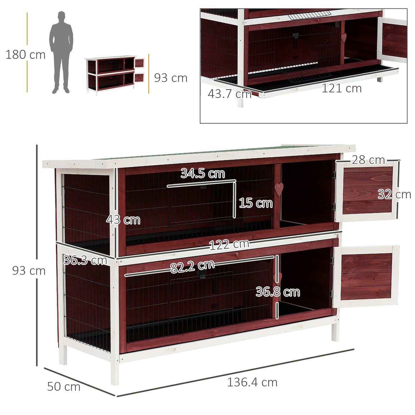 AI62 Decor PawHut 2-Tier Bunny Hutch with Trays – Red