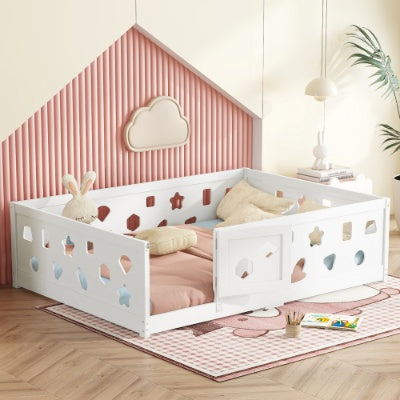 AI62 Decor Full Size Wooden Floor Bed with Safety Guardrails