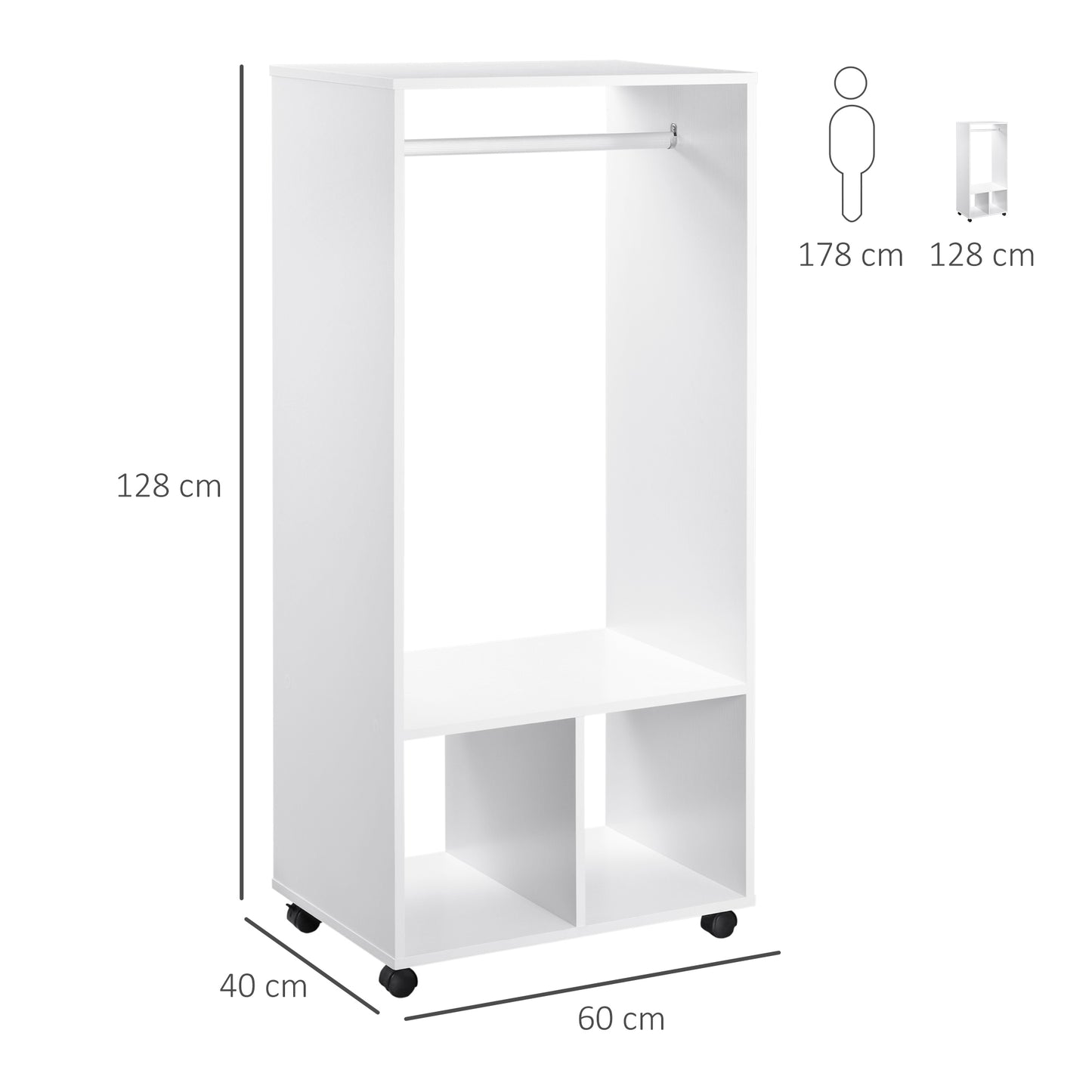 AI62 Decor Mobile Open Wardrobe with Hanging Rail & 2 Shelves – White