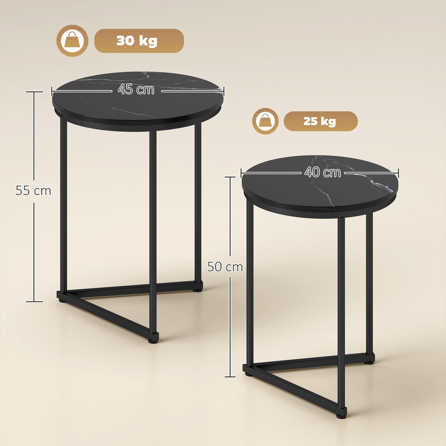 AI62 Decor Set Of Two Marble-Effect Nest Of Tables - Black Marble Effect
