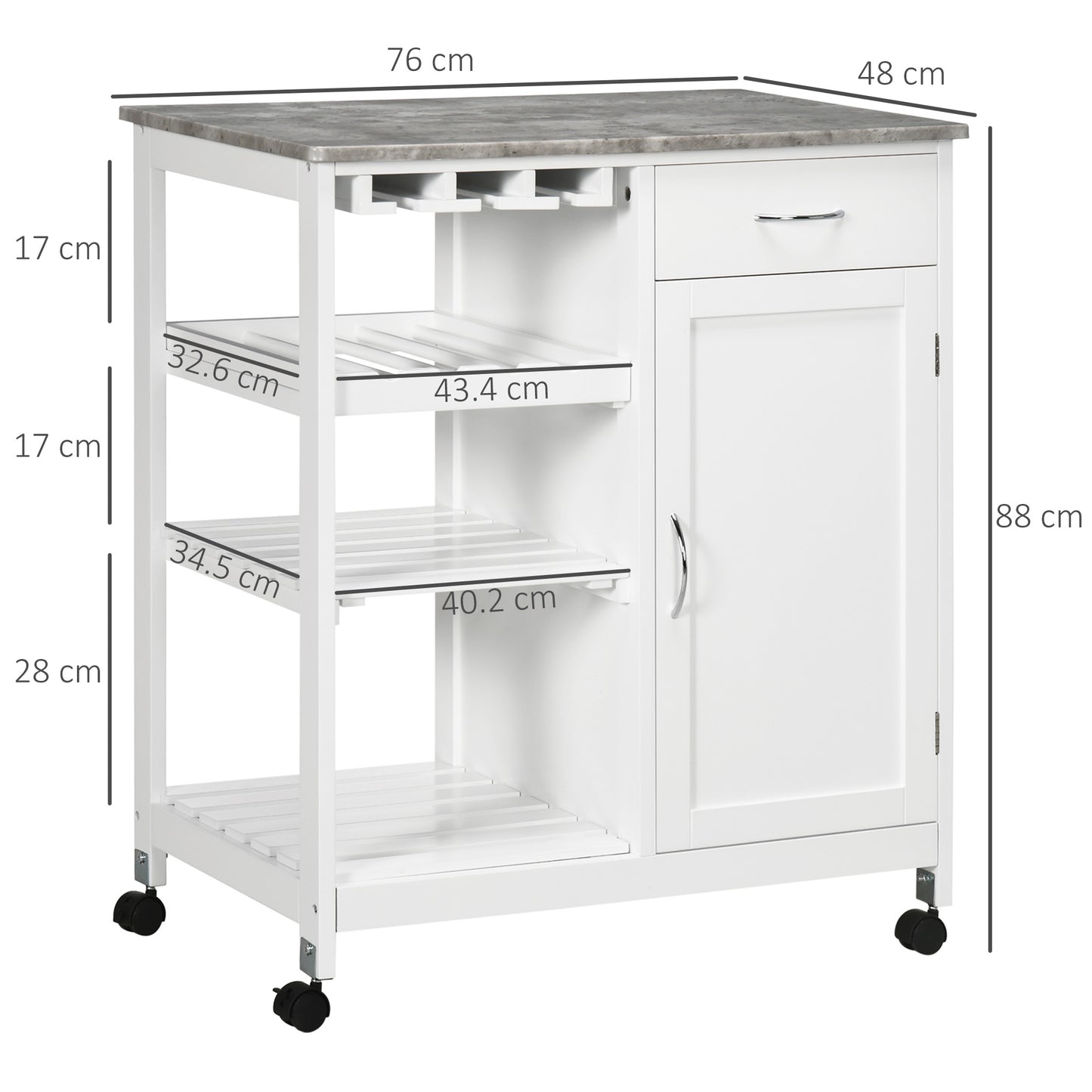 AI62 Decor Compact Kitchen Trolley Cart with Wine Rack & Cabinet White