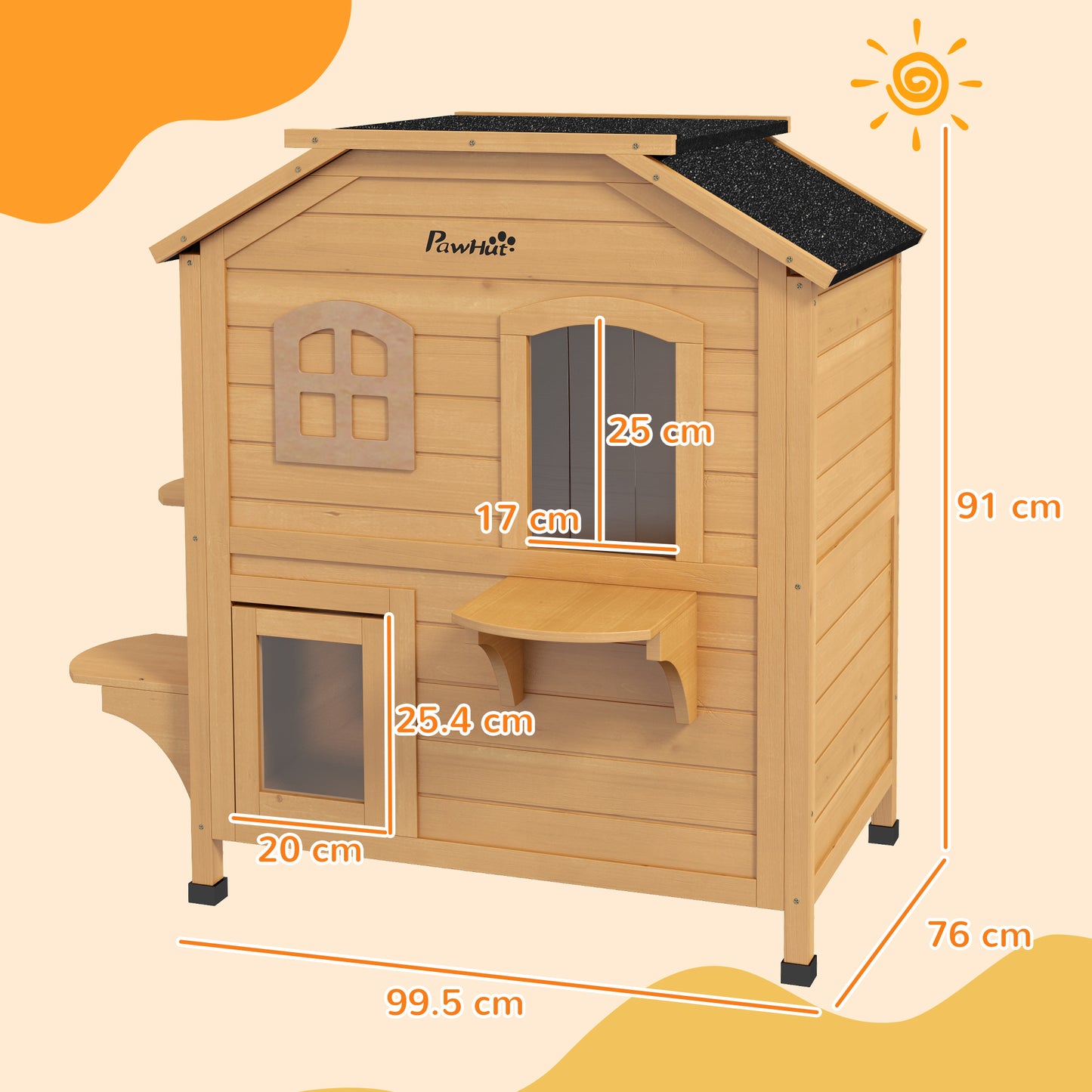 AI62 Decor PawHut 2-Story Outdoor Wooden Cat House with Platforms – Natural Finish