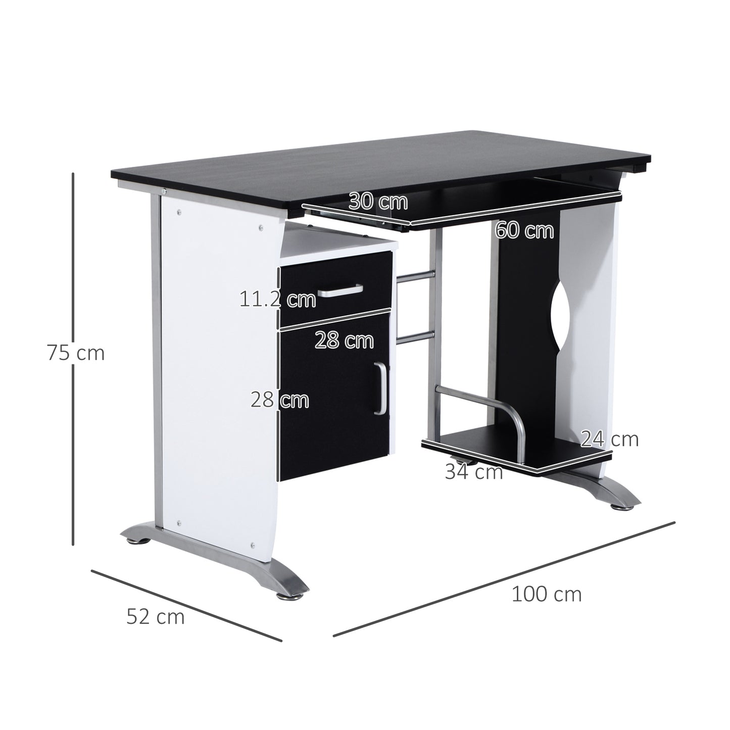 AI62 Decor Black Computer Desk with Drawers & Keyboard Tray – 100x52x75cm