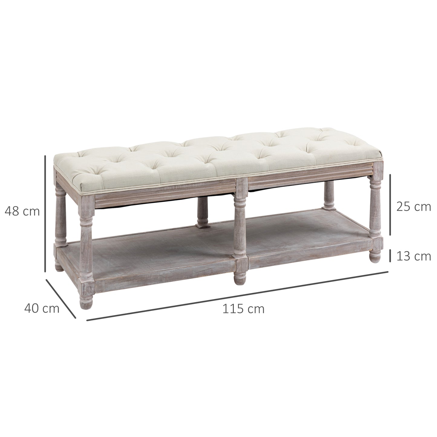 AI62 Decor 2-Tier Upholstered Storage Bench, Wooden Footstool, Cream White