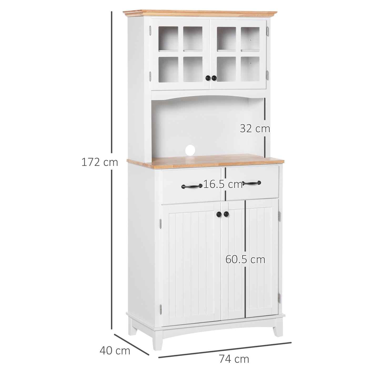AI62 Decor White Freestanding Kitchen Cabinet with Glass Doors & Drawers