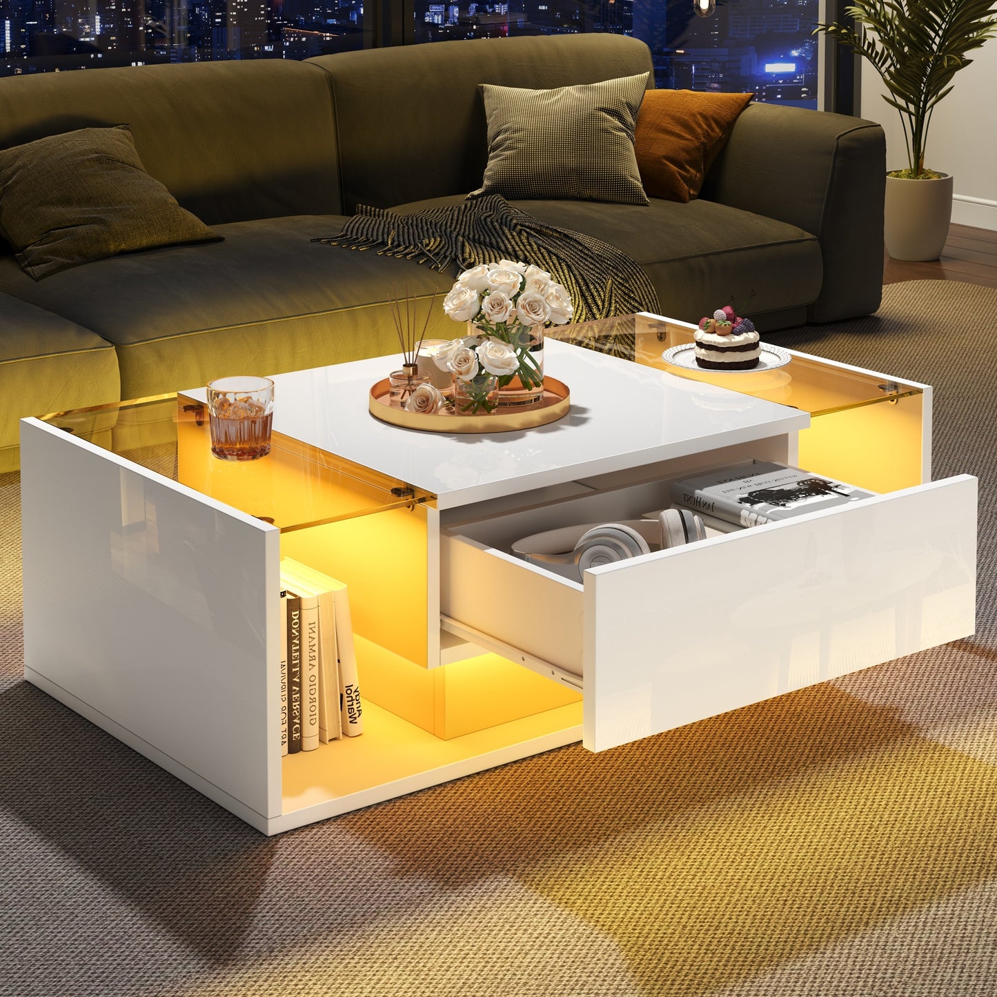 AI62 Decor LED High Gloss Coffee Table with Glass Top & Storage