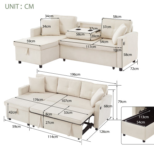 AI62 Decor L-Shaped 3-in-1 Convertible Sofa Bed with Storage & Chaise