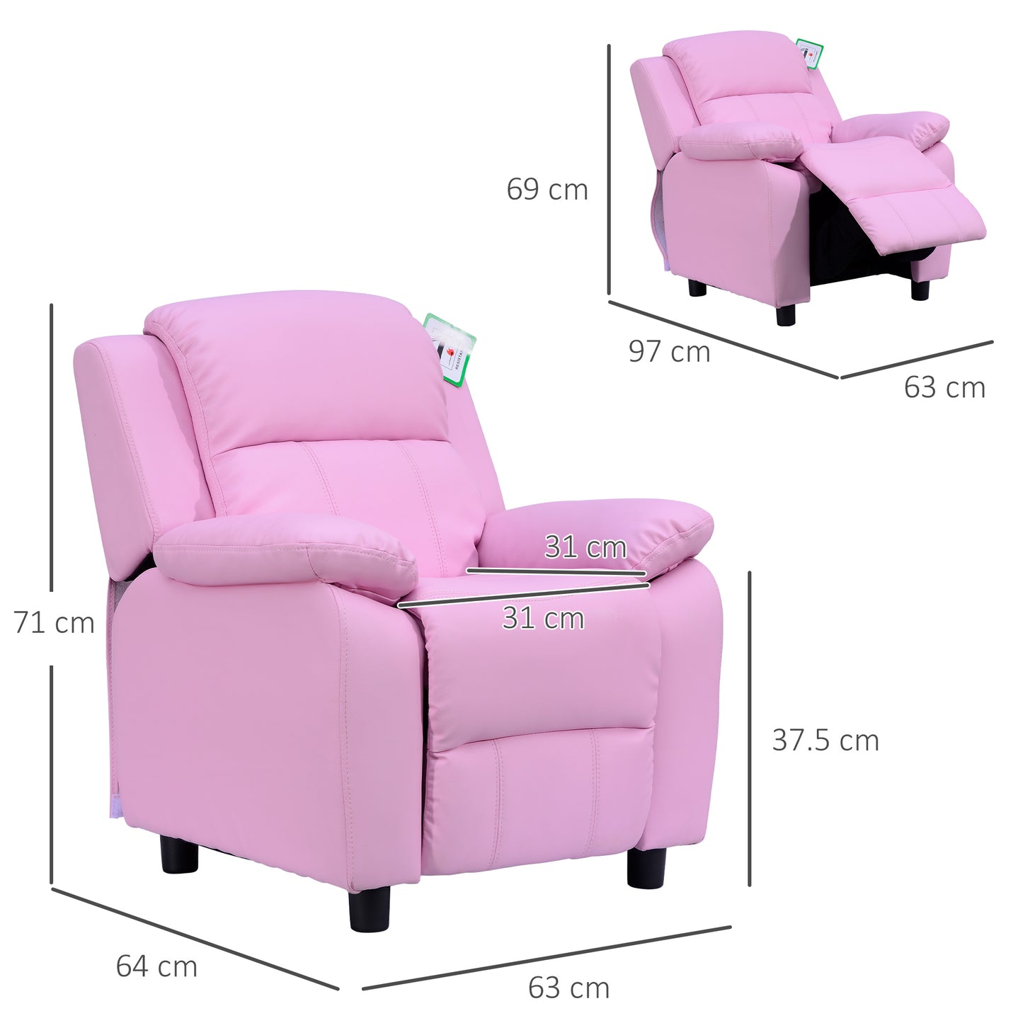 AI62 Decor Kids Recliner Armchair with Storage – Pink PU Leather