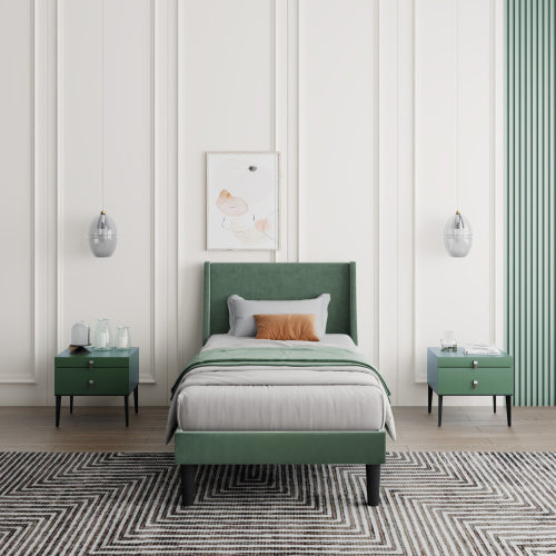 AI62 Decor Single Velvet Upholstered Bed 3FT, Dark Green, Winged Headboard