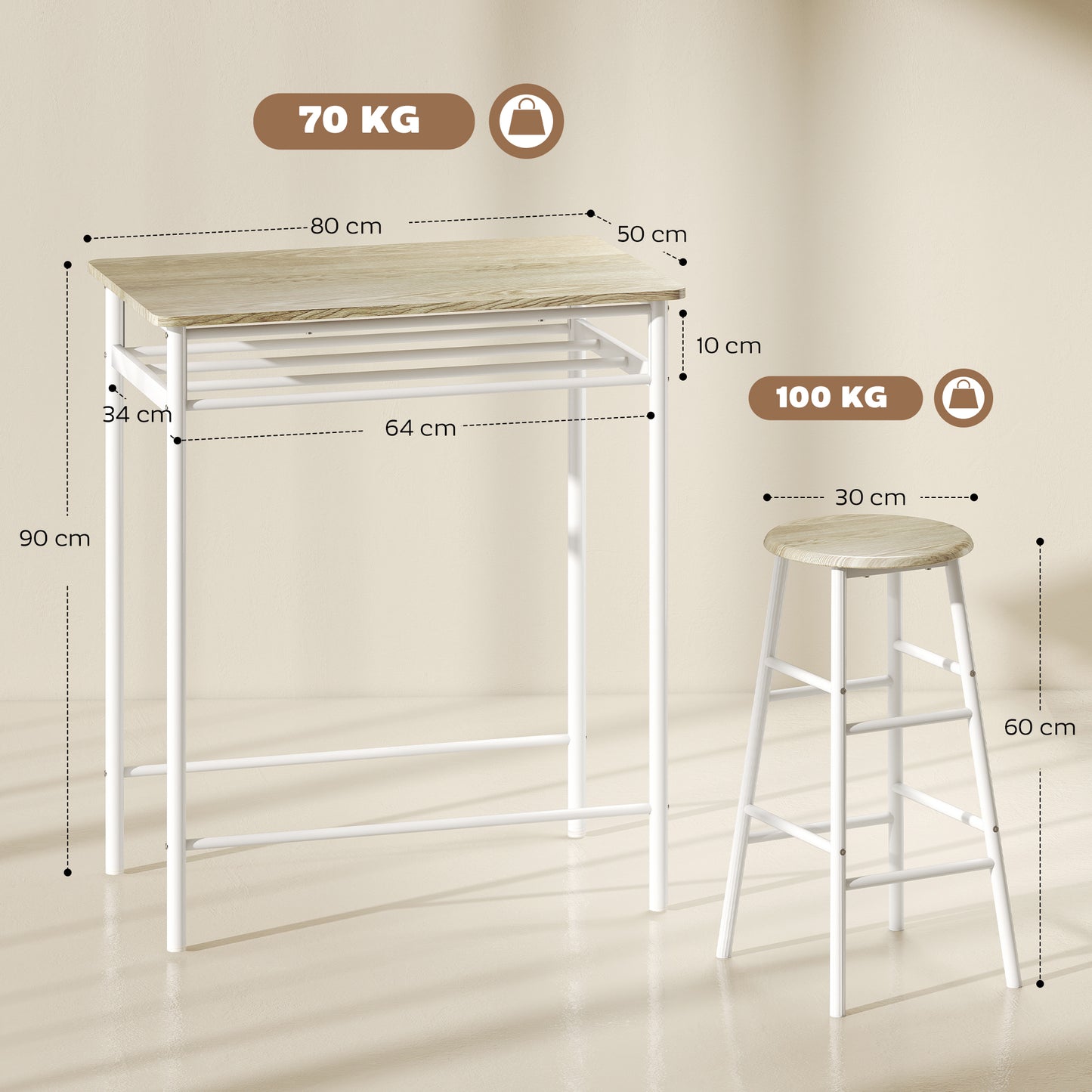 AI62 Decor Bar Table & Stools Set with Footrest & Shelf – White & Oak