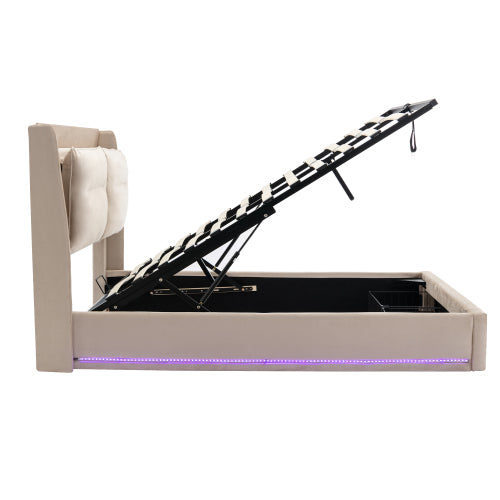 AI62 Decor Beige Velvet Double Bed 135x190cm with Storage & LED