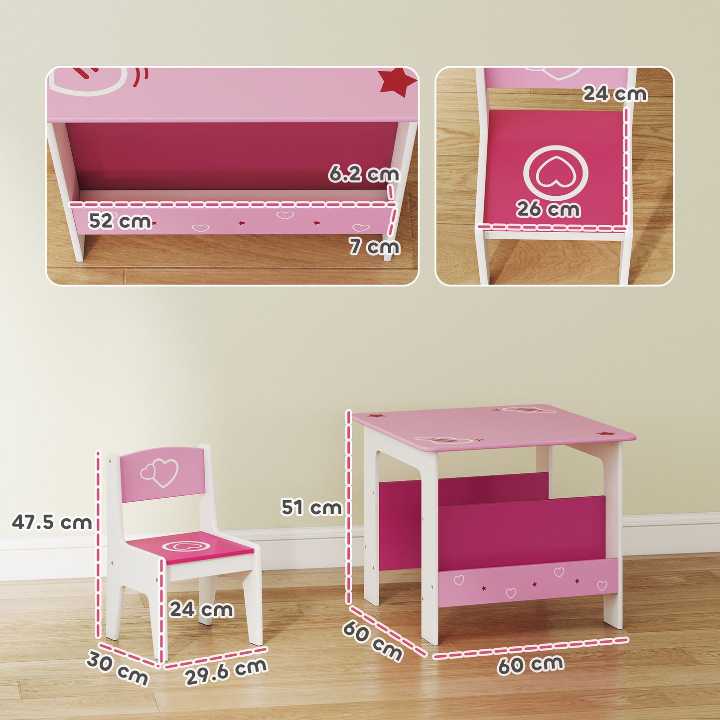 AI62 Decor Kids 3-Piece Table & Chair Set with Bookshelf – Pink