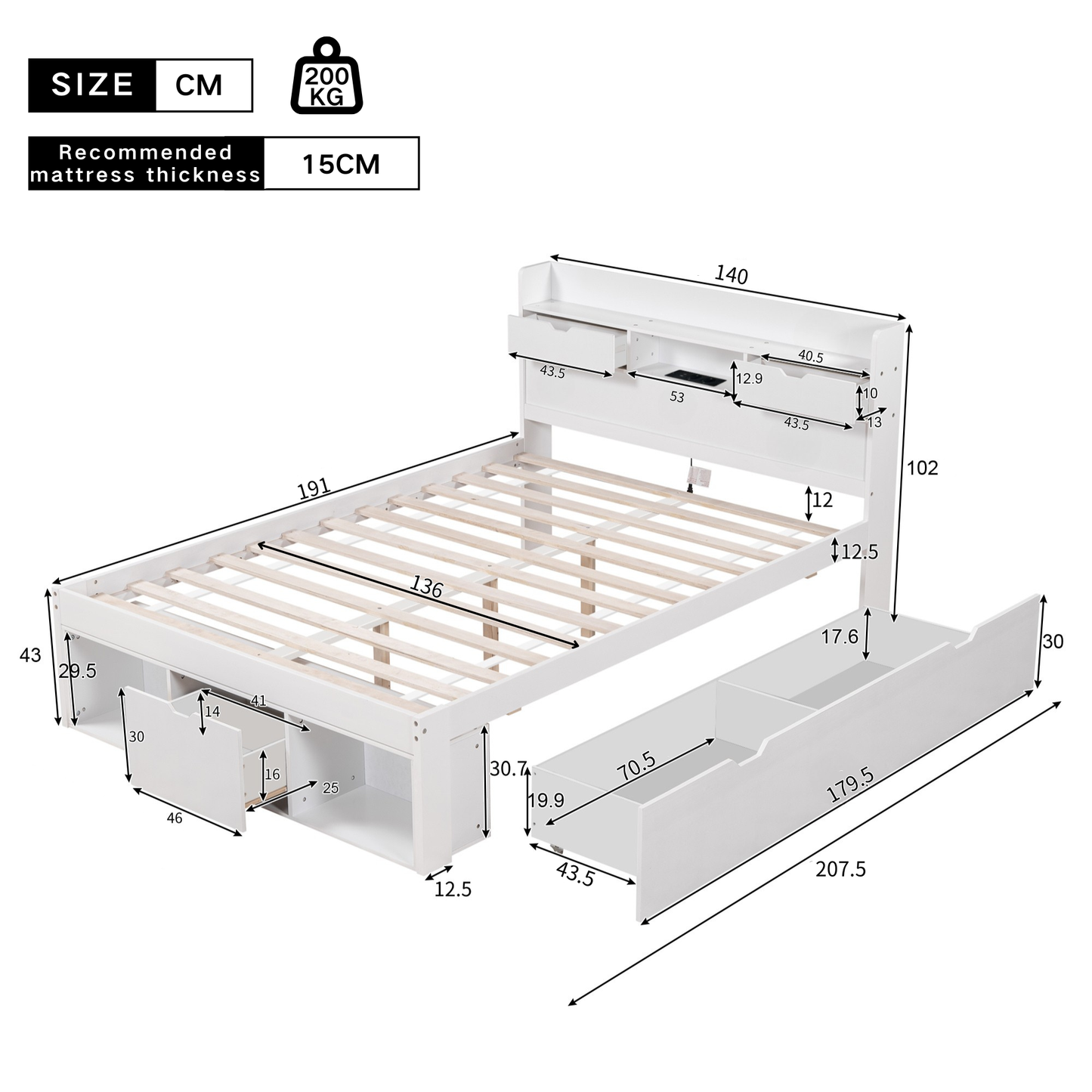 AI62 Decore White 4ft6 Double Bed with USB Port & Storage