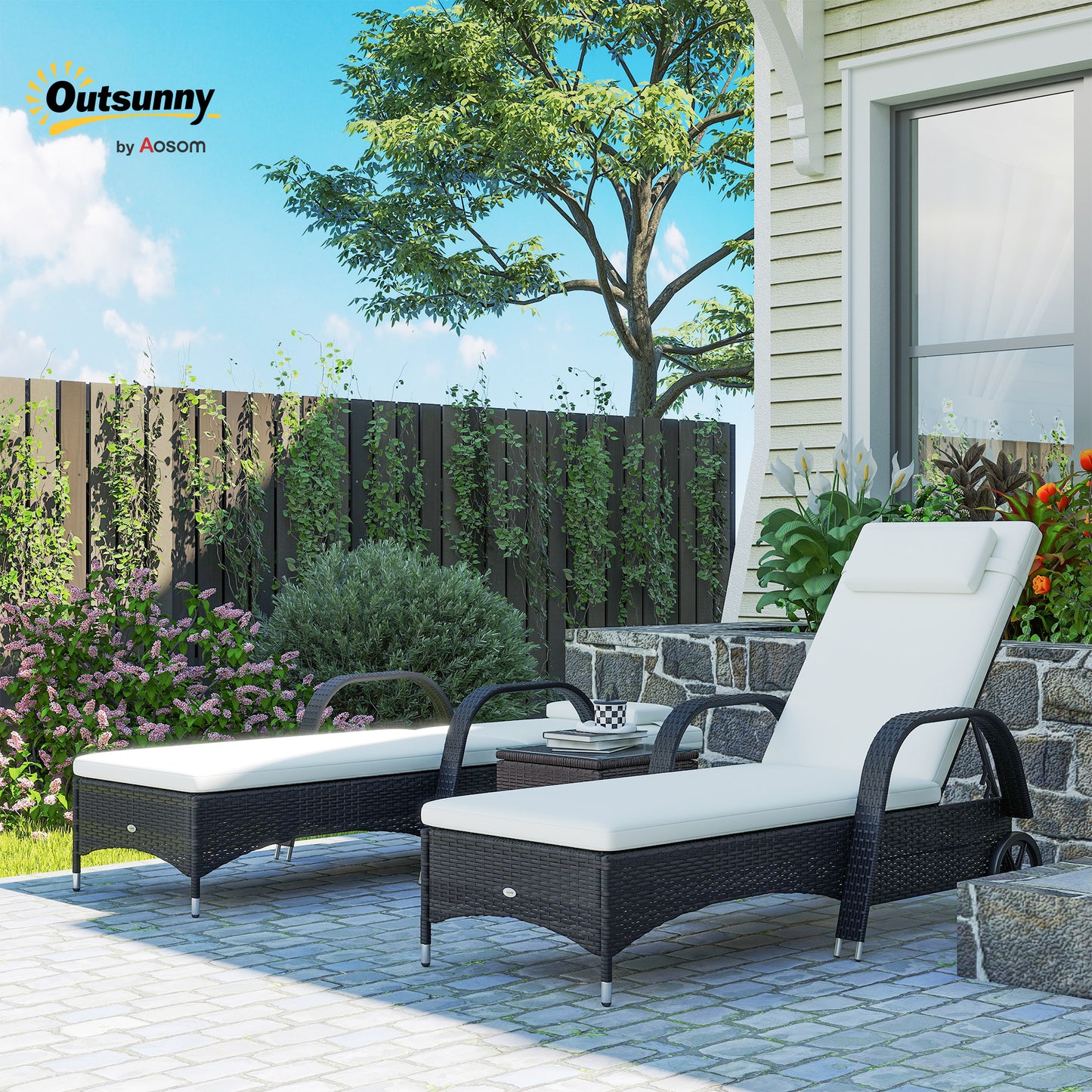 AI62 Decor 2 Seater Rattan Sun Lounger Set With Side Table Black