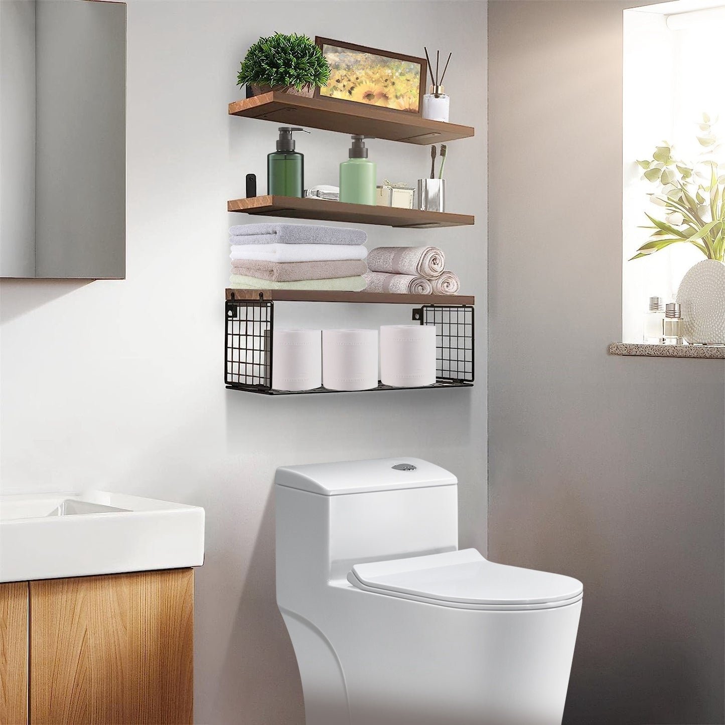 AI62 Decor 2-in-1 Floating Wall Shelves with Storage Basket for Home & Office