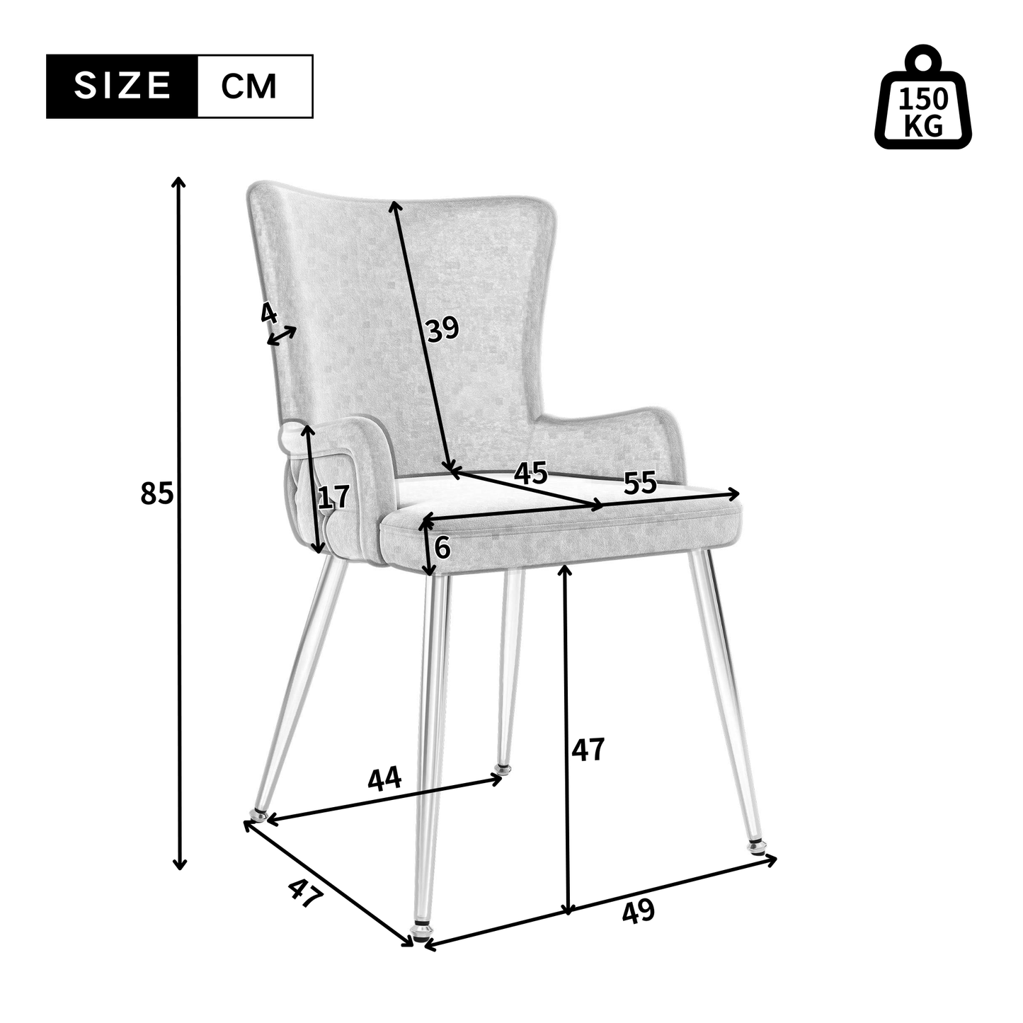 AI62 Decor Set of 6 Grey Velvet Dining Chairs with Silver Legs