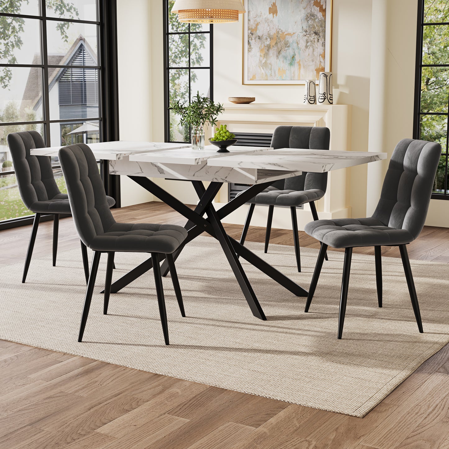 AI62 Decor White Marble Telescopic Dining Table with Black Crossed Iron Legs