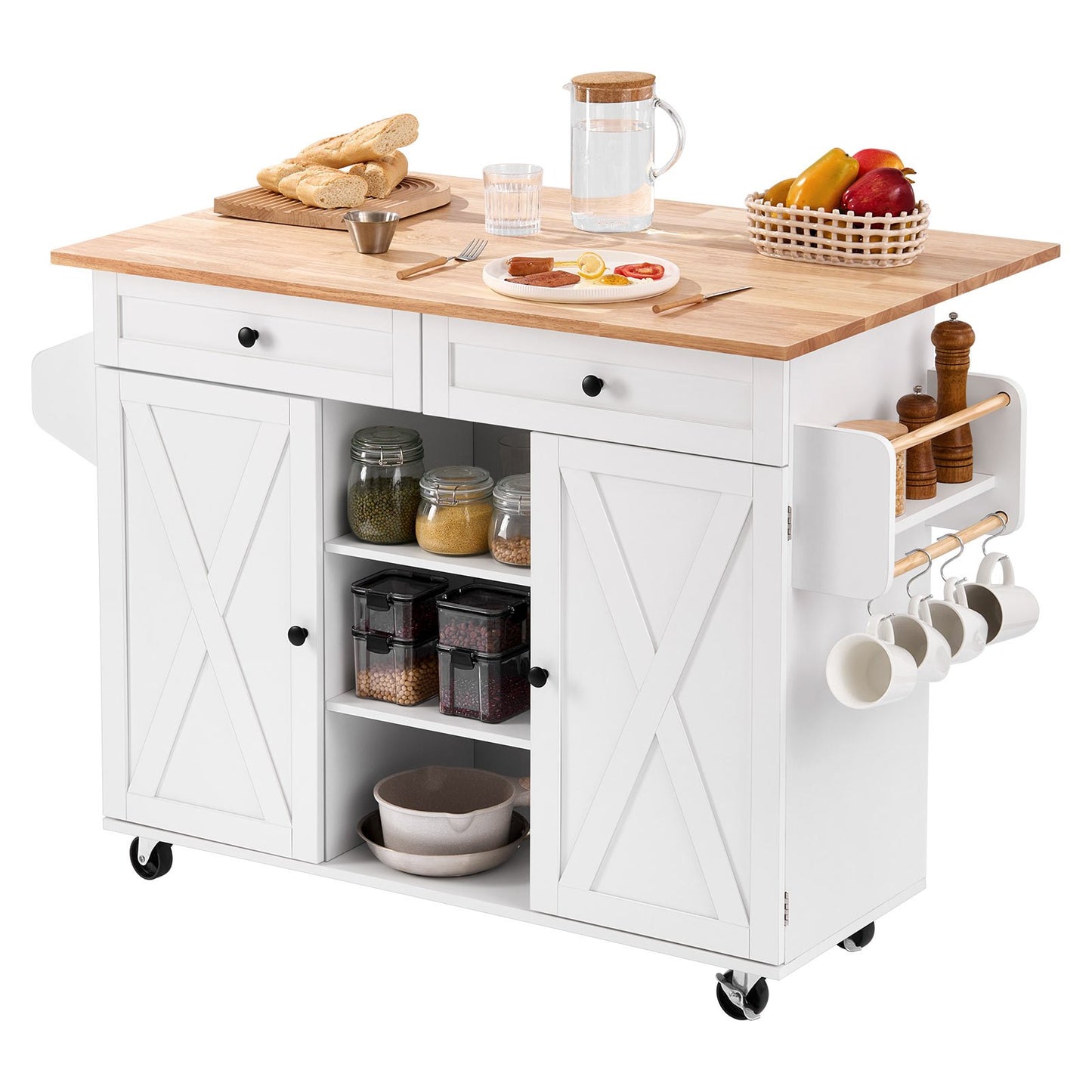AI62 Decor Kitchen Island Cart 132cm with Storage & Drop Leaf