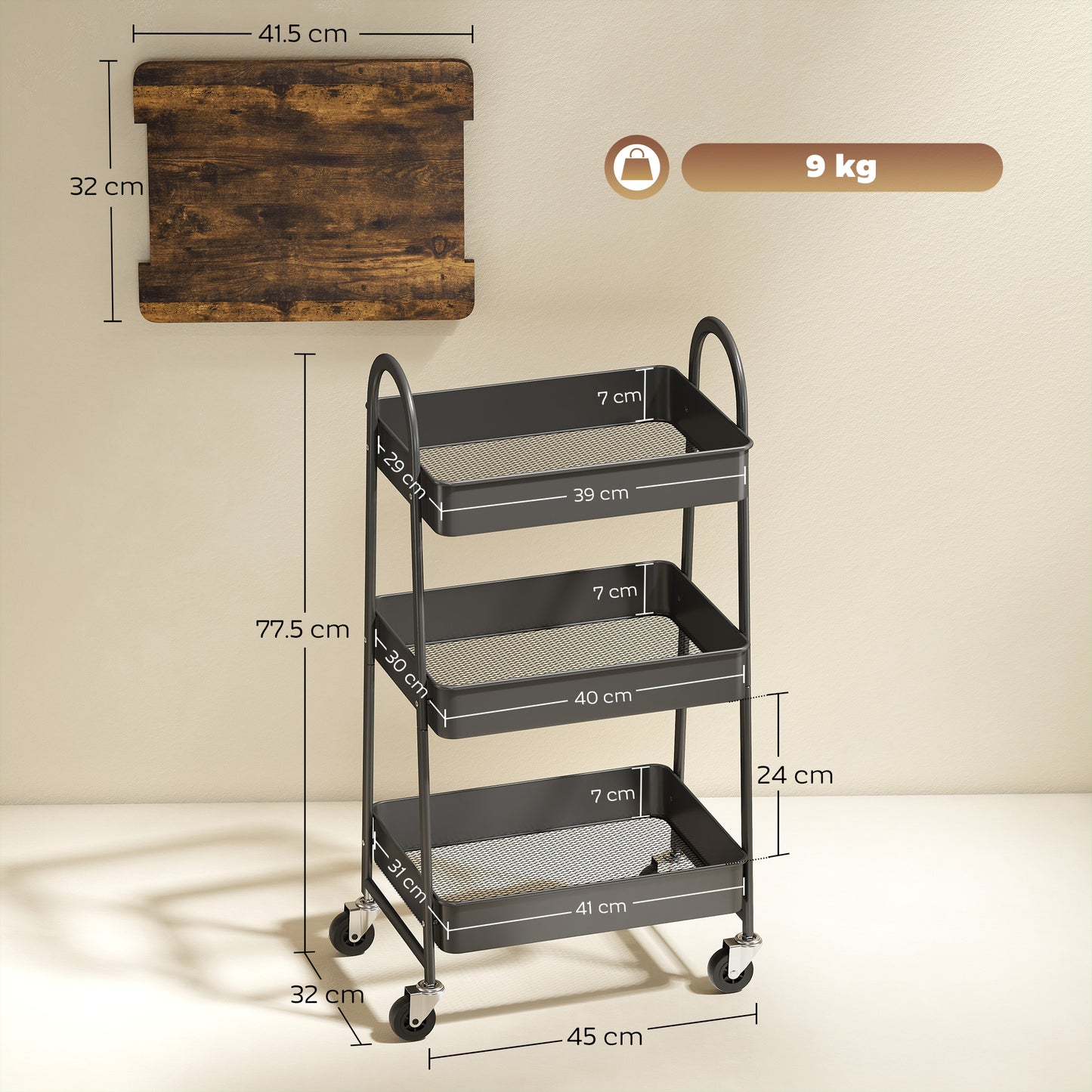 AI62 Decor 3-Tier Kitchen Trolley with Wheels – Rustic Brown & Black