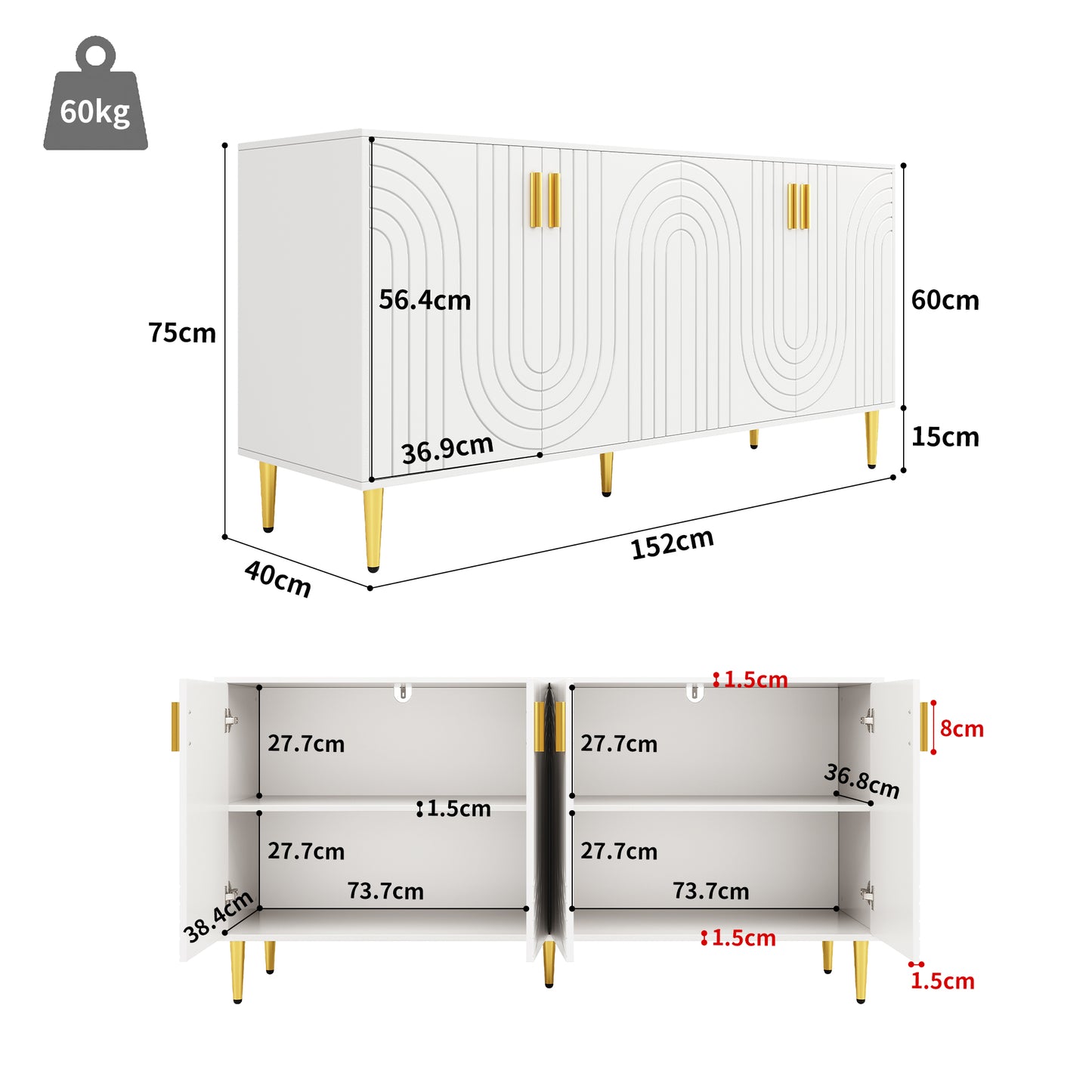 AI62 Decor White Wave Sideboard 152×40×75 cm with Gold Accents