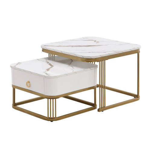AI62 Decor High Gloss Marble Nesting Coffee Tables with Gold Accents