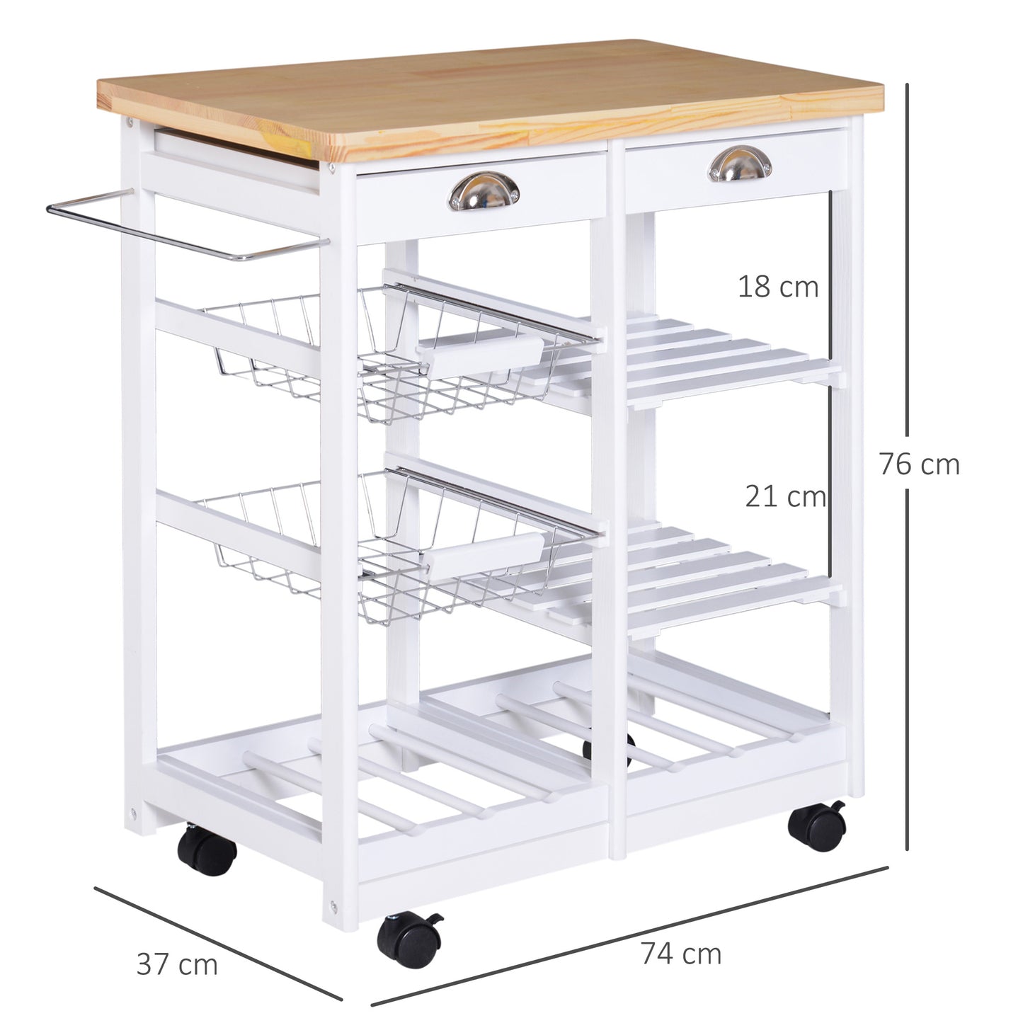 AI62 Decor Rolling Kitchen Island Trolley with Drawer, Wine Rack & Shelves – White
