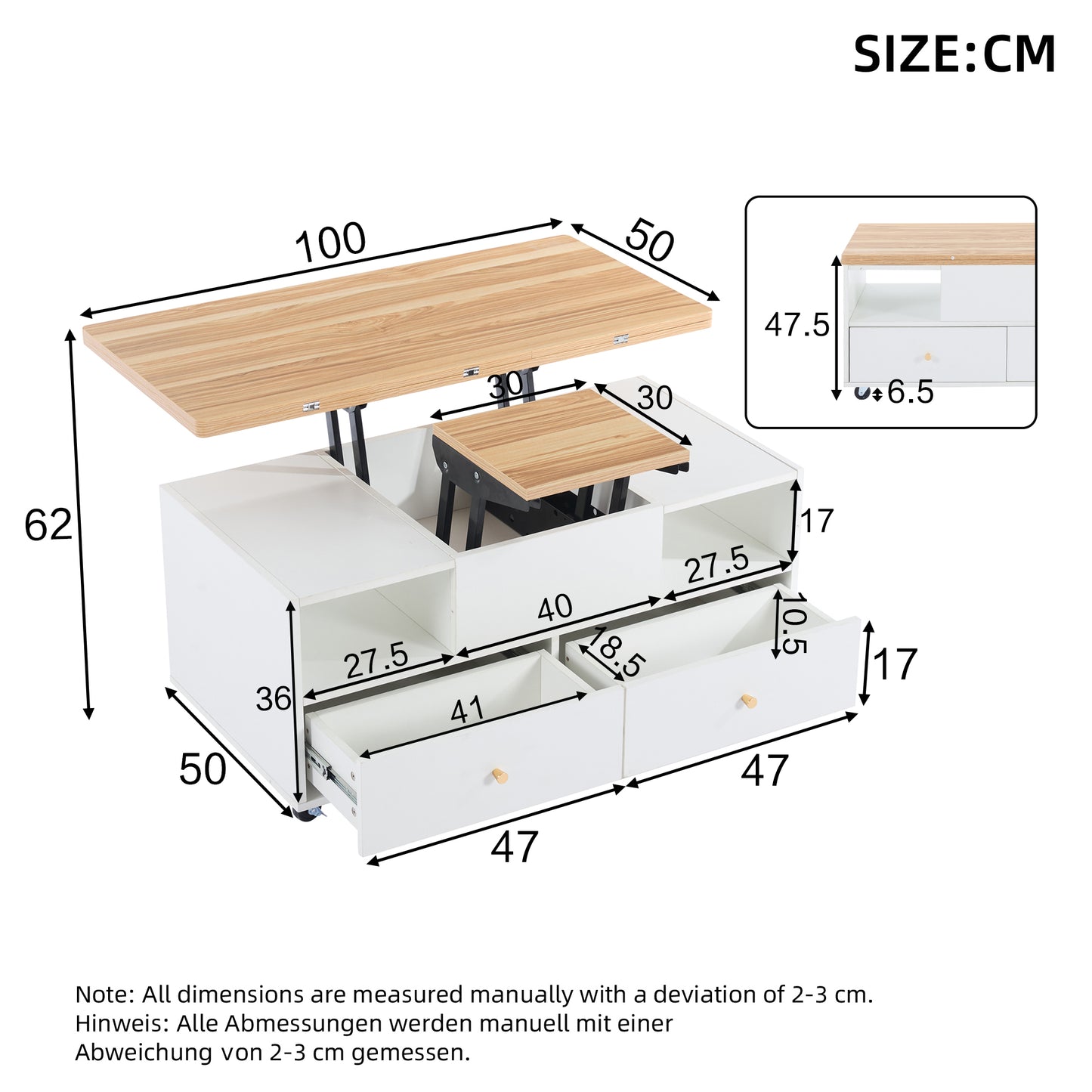 AI62 Decor Lift Top Coffee Table with Wheels & 4 Drawers