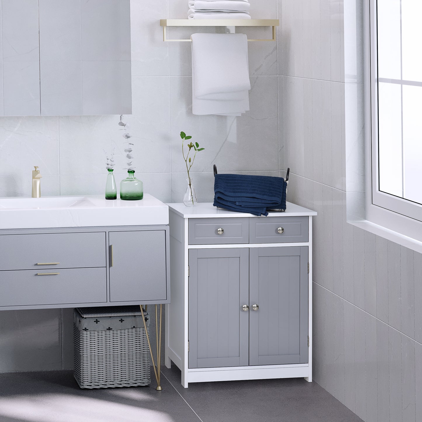 AI62 Decor Kleankin 75x60cm Freestanding Bathroom Cabinet – Grey/White