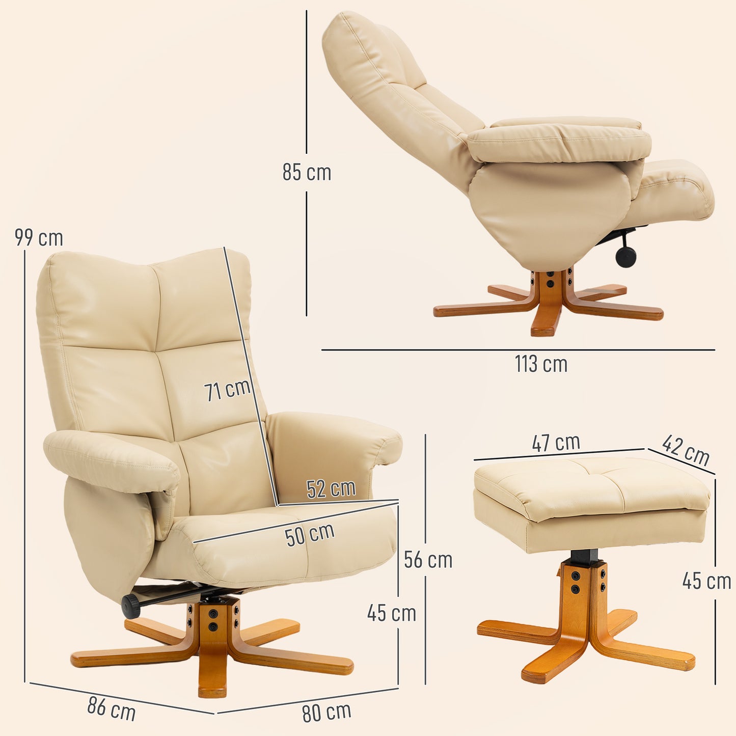 AI62 Decor PU Leather Swivel Recliner Chair with Footstool & Storage