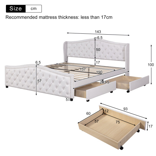 AI62 Decor Upholstered 135x190cm Bed with Drawers & Riveted Headboard – White