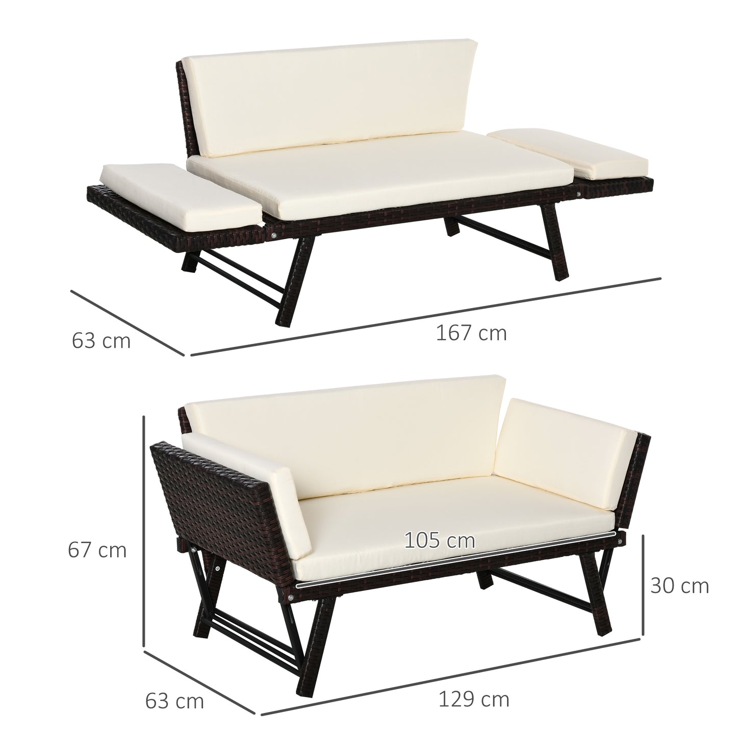 AI62 Decor 2-Seater 2-in-1 Rattan Convertible Sofa Daybed Brown