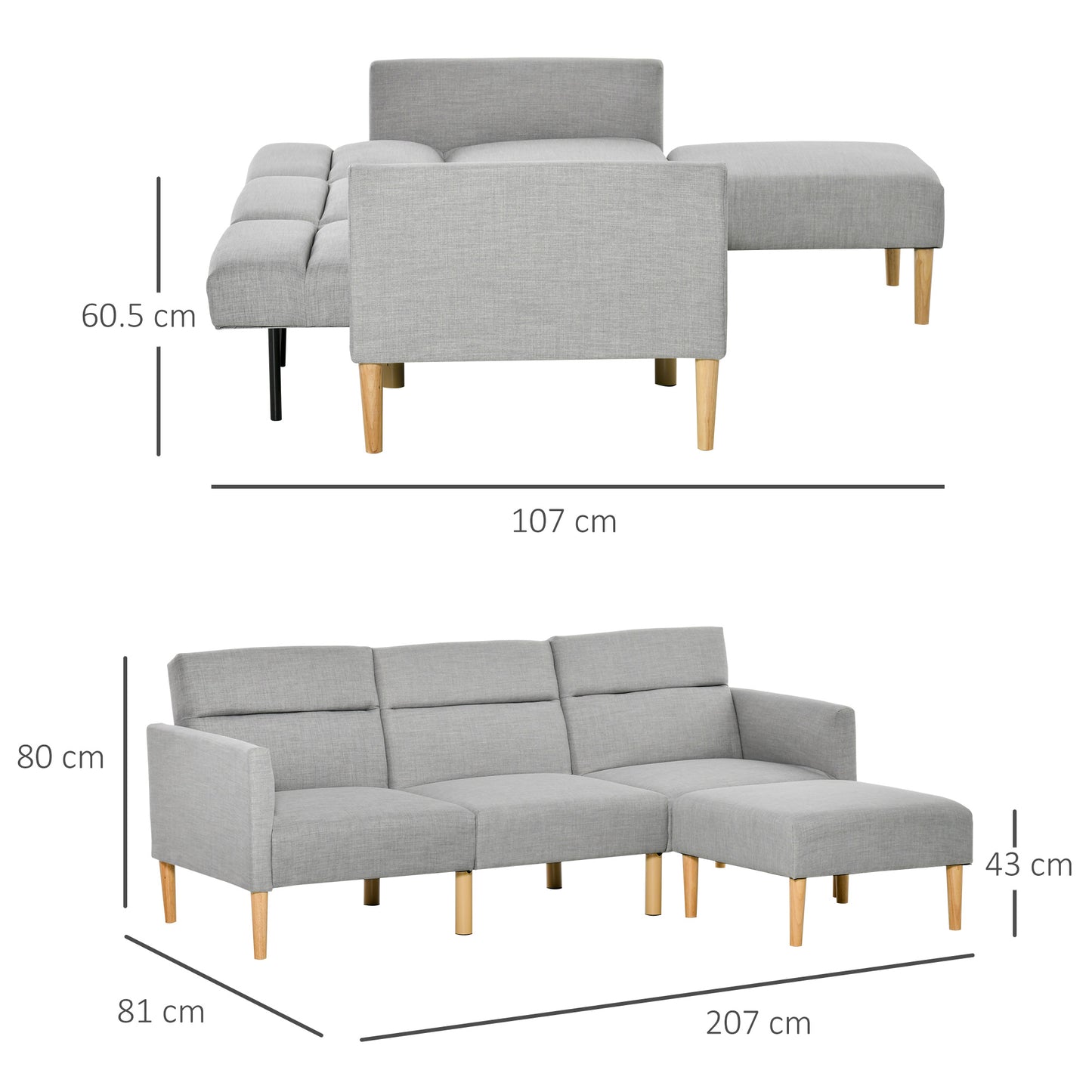 AI62 Decor Light Grey L-Shaped Sofa Bed