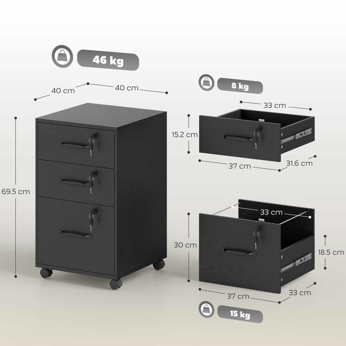 AI62 Decor Three Drawer Wood-Effect Filing Cabinet - Black