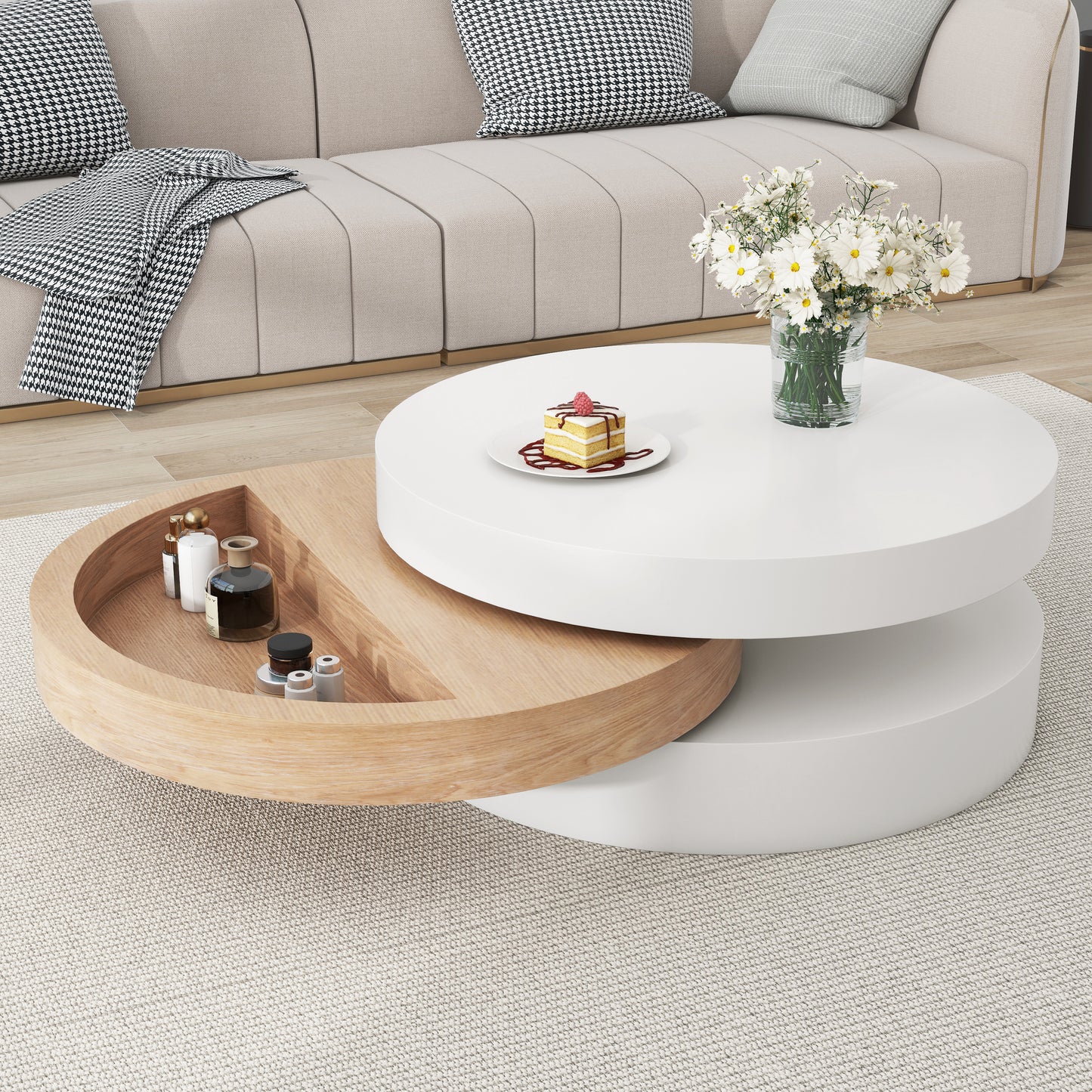 AI62 Decor Round 3-Tier Rotating Coffee Table with Storag
