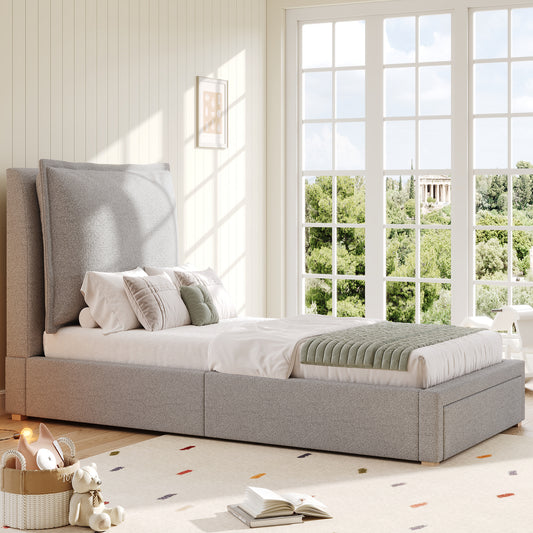 AI62 Decor Chenille Upholstered Single Bed with Storage & Headboard – Grey