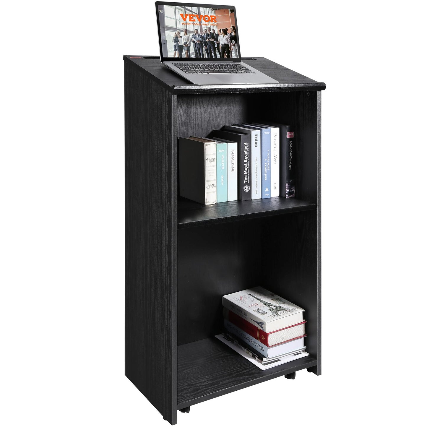 AI62 Decor Wooden Podium with Slant Desktop & Rolling Wheels