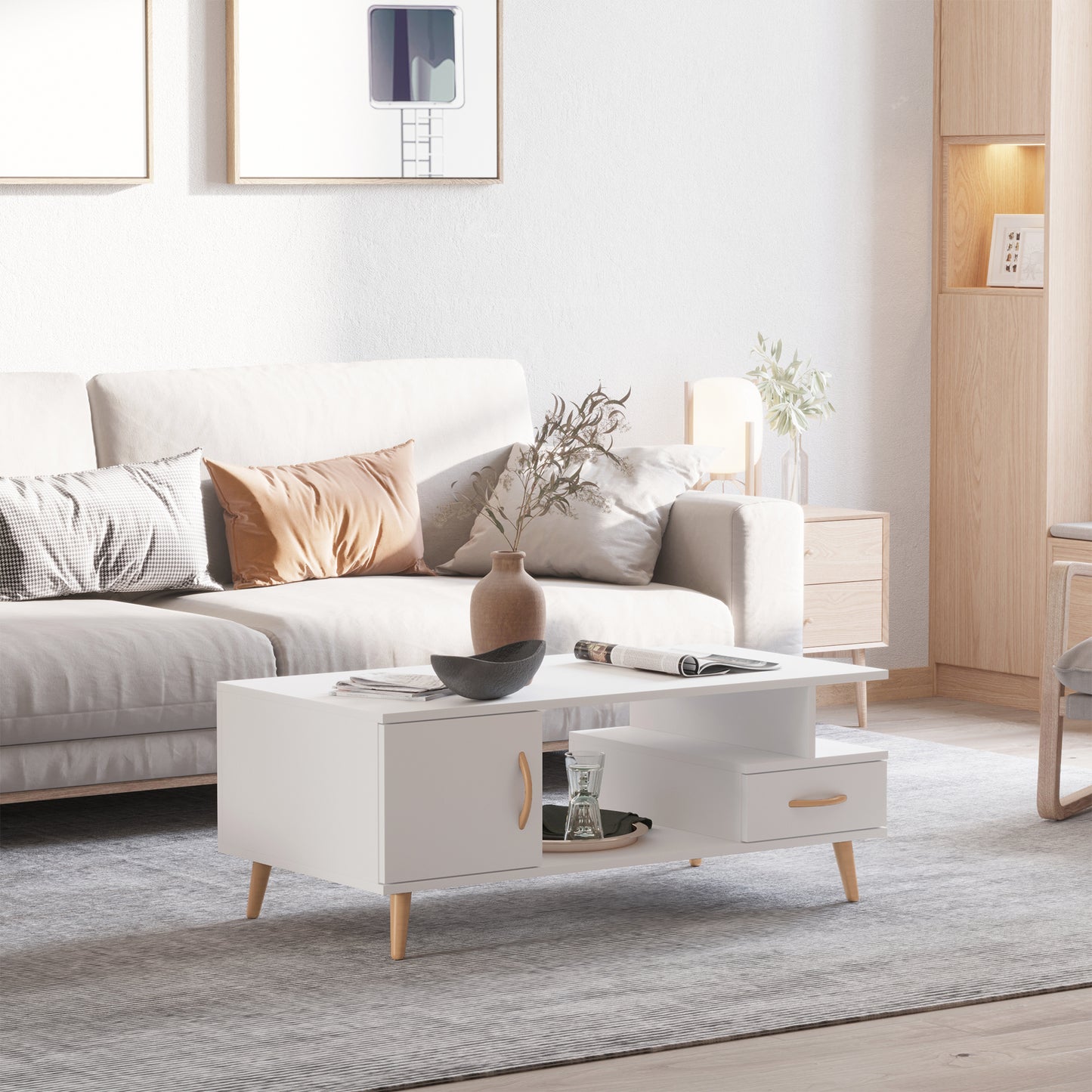 AI62 Decor Modern Coffee Table With Shelf & Drawer – White