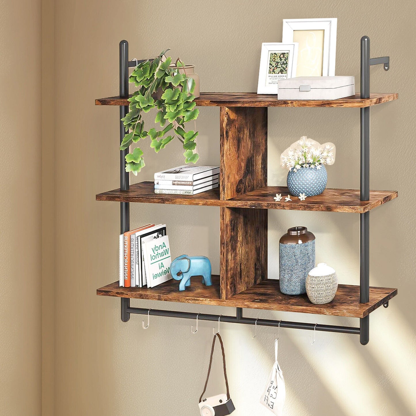 AI62 Decor 3-Tier Floating Wall Shelves with Metal Brackets for Bathroom