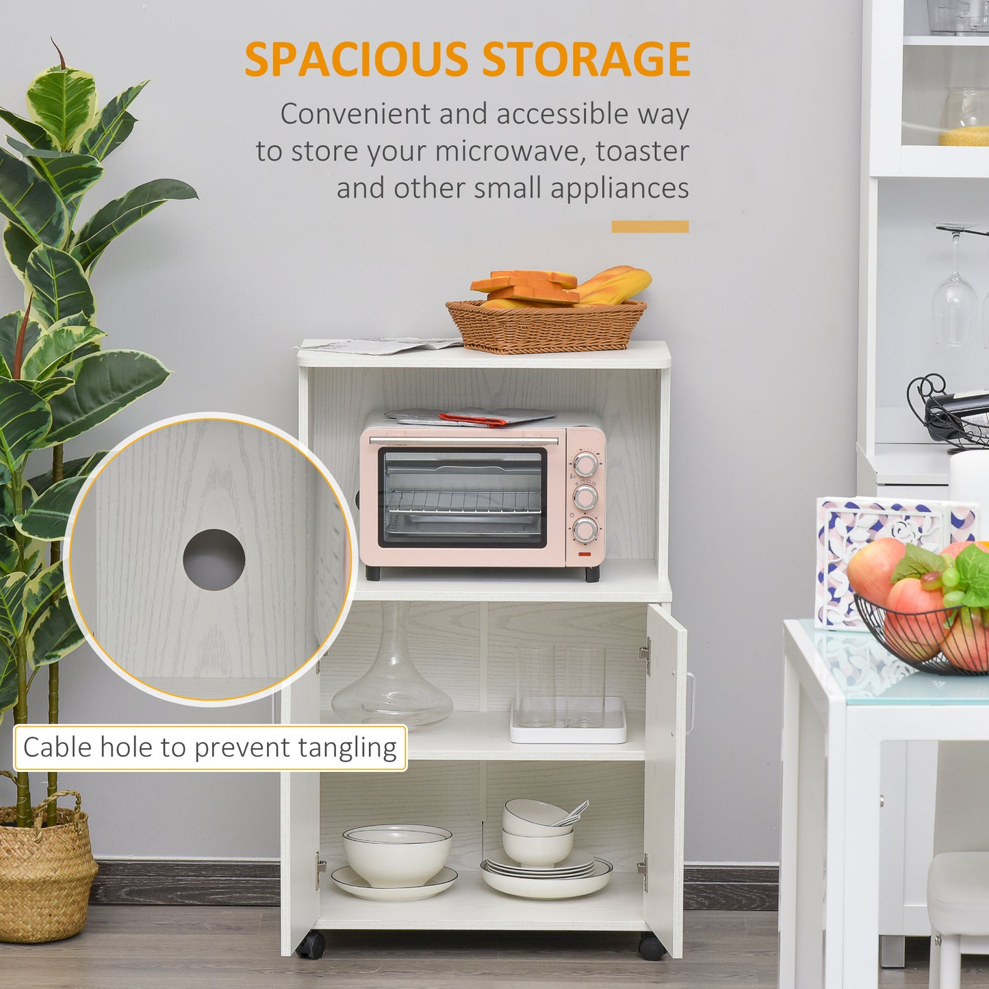 AI62 Decor Modern Kitchen Storage Trolley with Cabinet & Locking Wheels White