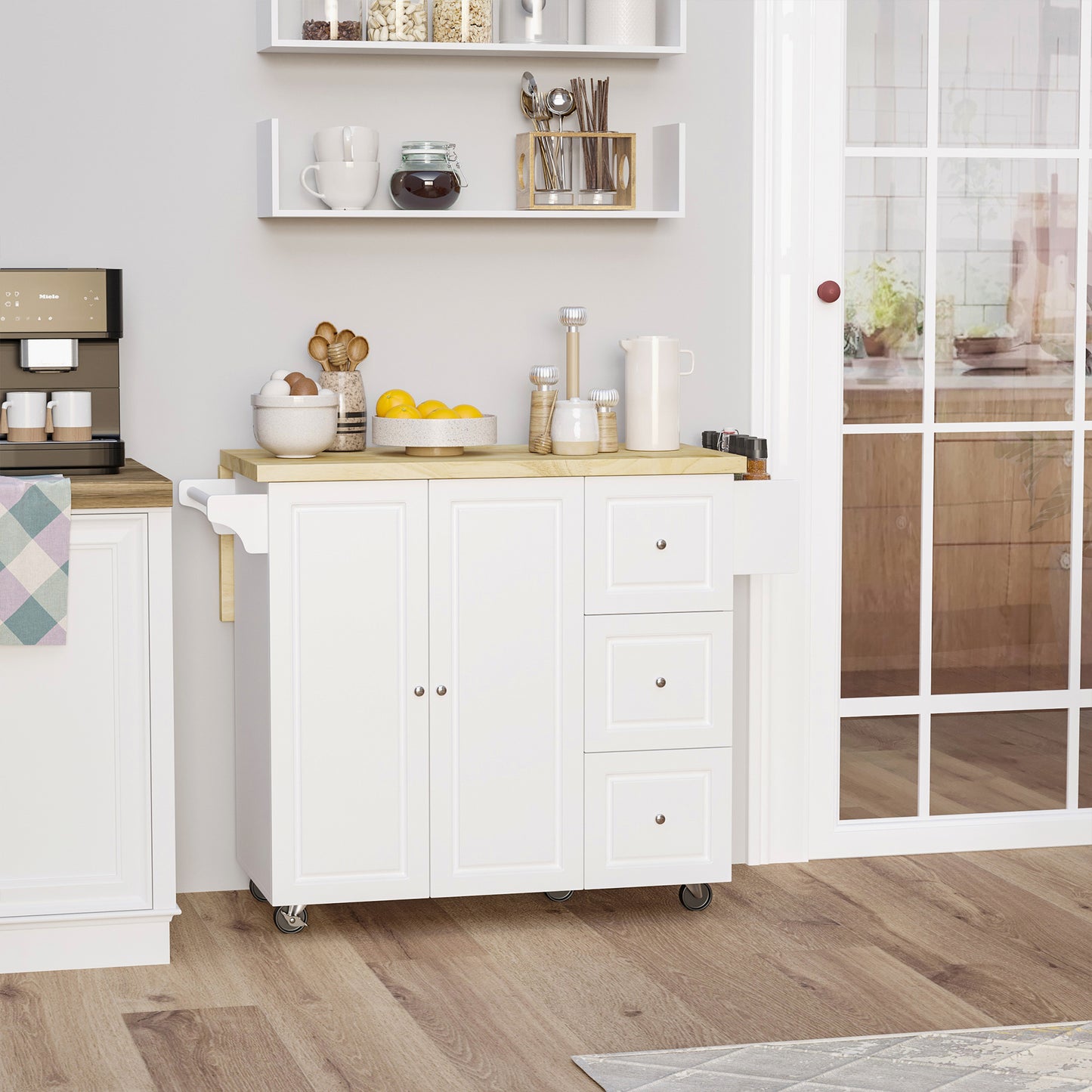 AI62 Decor White Rolling Kitchen Island with Storage & Drop Leaf