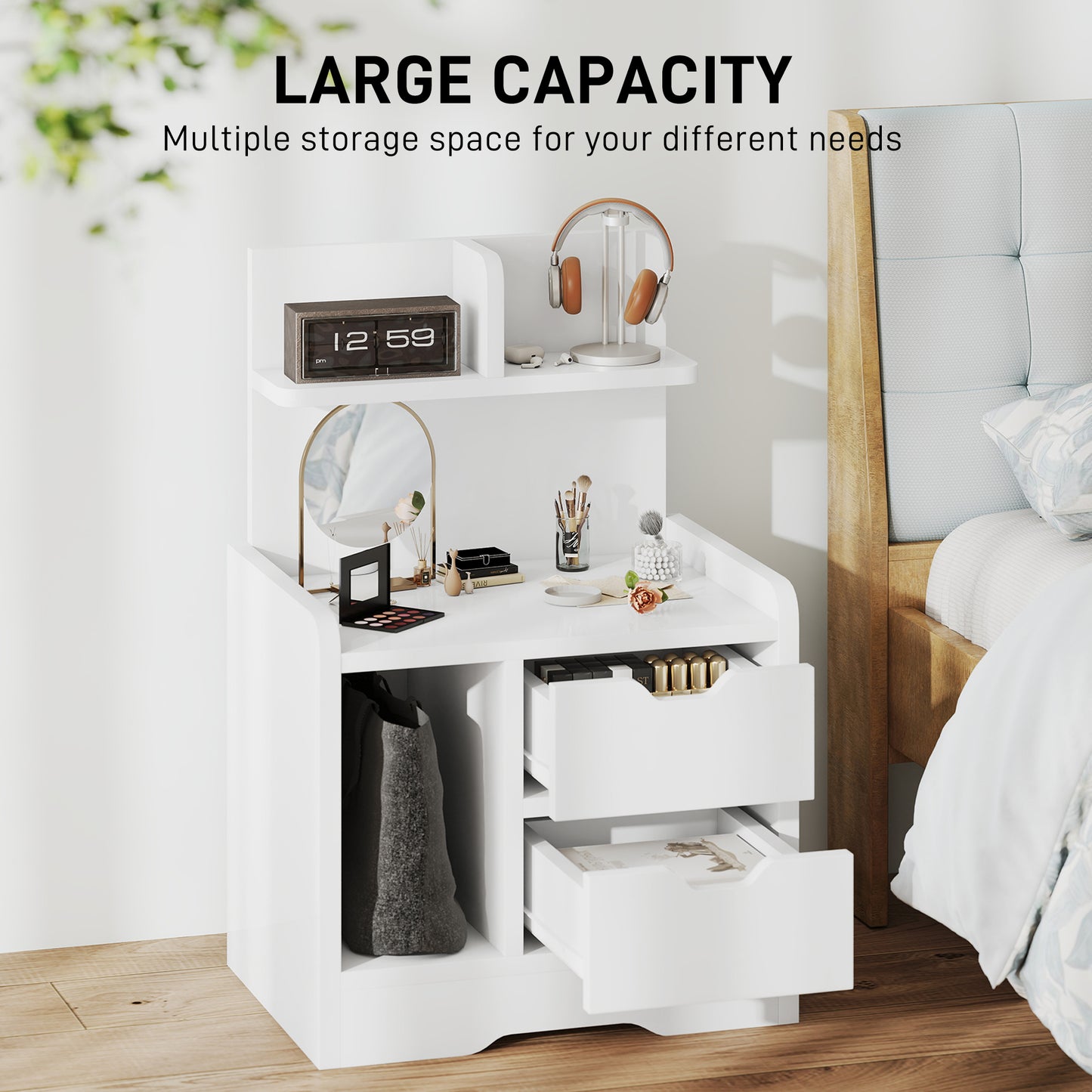AI62 Decor Bedside Table With 2 Drawers And Open Shelves - High Gloss White