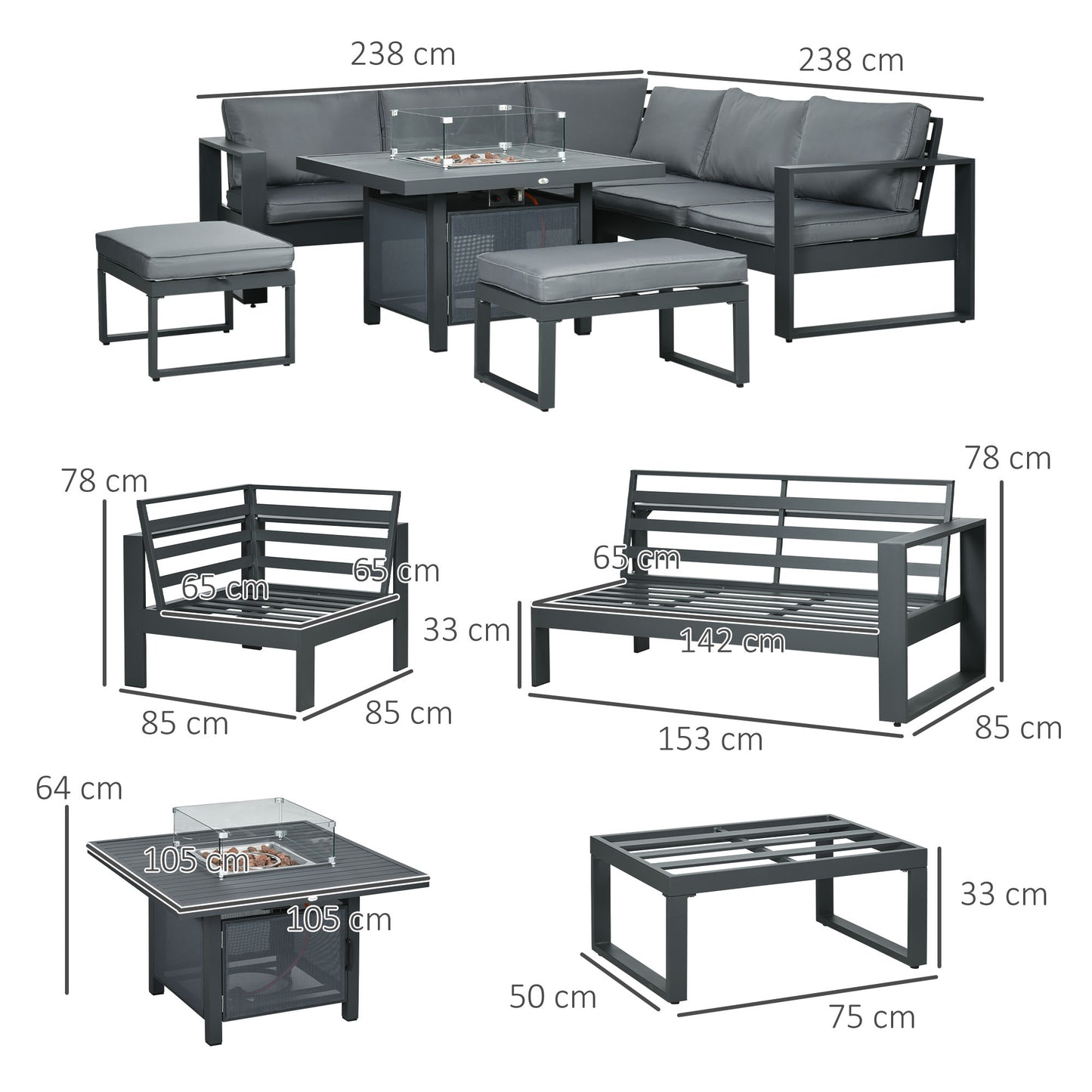 AI62 Decor 6-Piece Grey Aluminium Garden Furniture Set with Fire Pit Table & Cushions