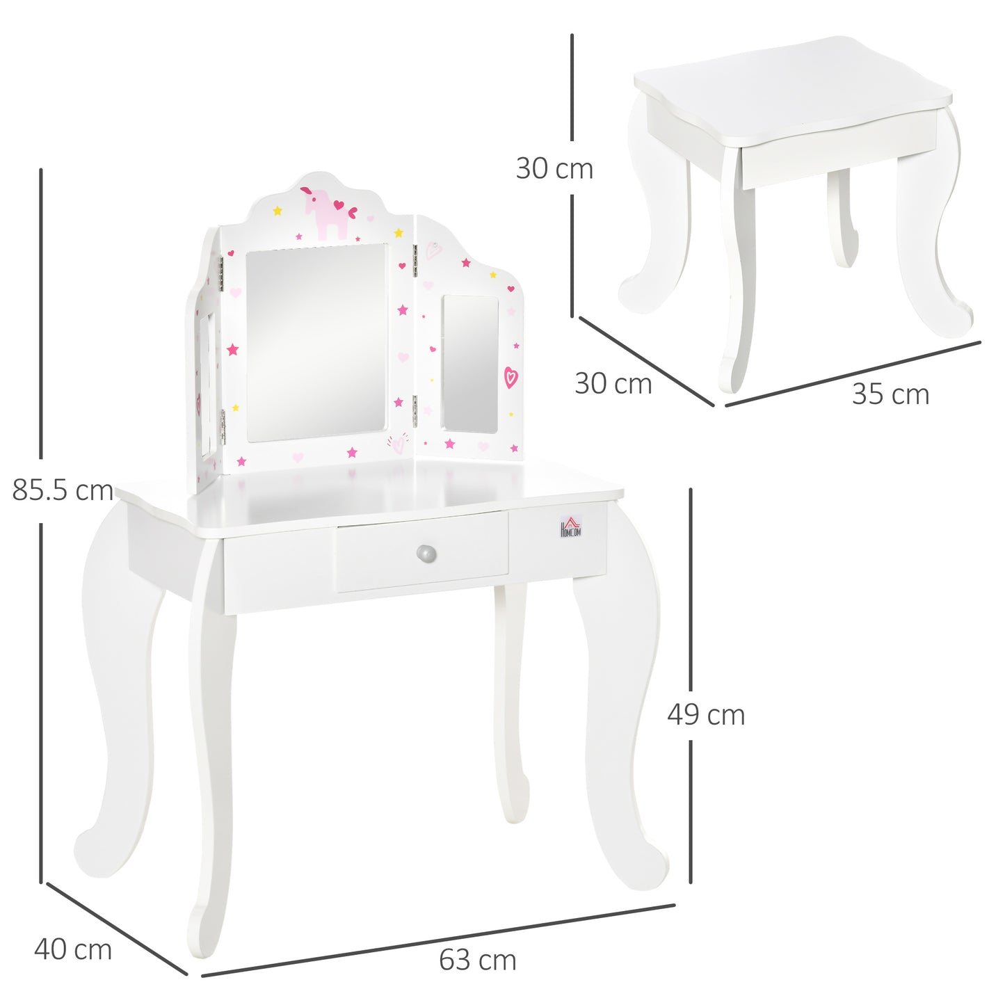 AI62 Decor Kids Vanity Table & Chair Set with Tri-Folding Mirror – White