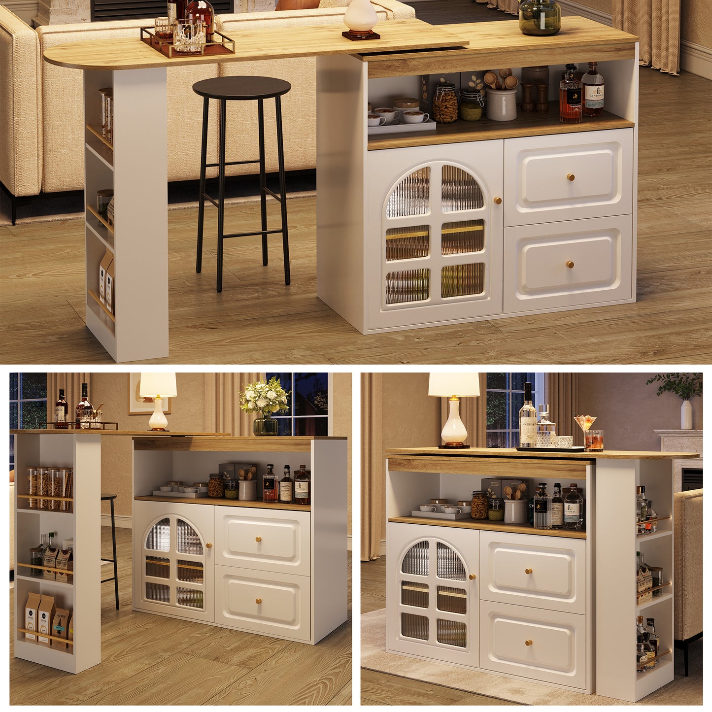AI62 Decor  White Rotating Sideboard with Drawers & Snack Shelf