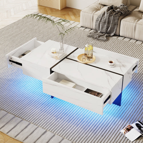 AI62 Decor High Gloss White Marble Coffee Table with LED