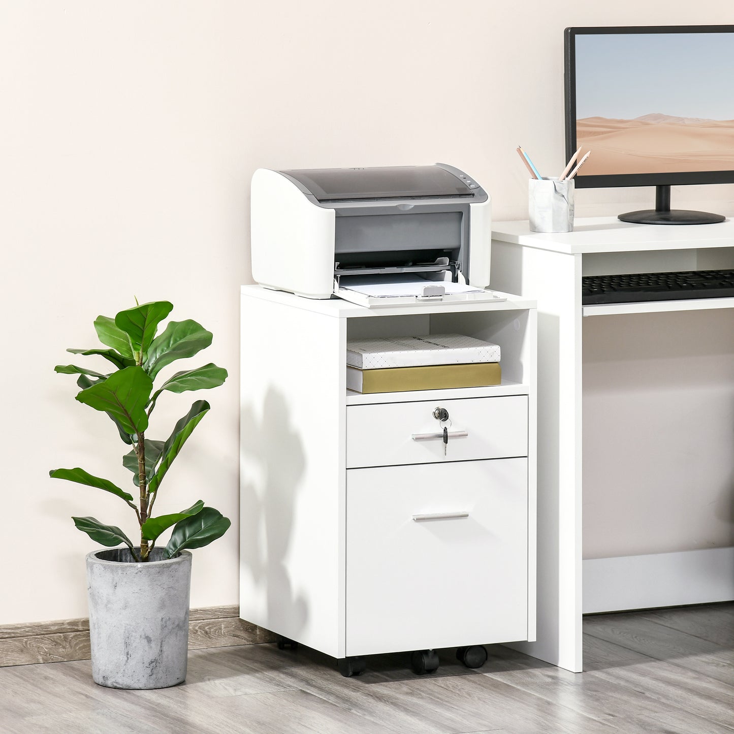 AI62 Decor White Two-Drawer Filing Cabinet with Lock & Wheels by Vinsetto
