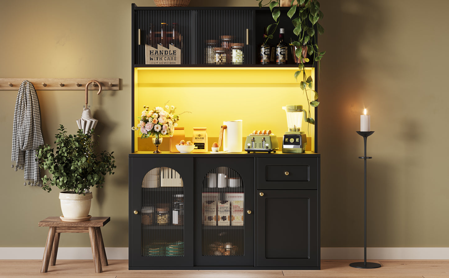 AI62 Decor Tall Kitchen Cabinet 120×35×167cm with LED – Black